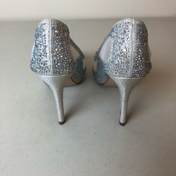 Toetos Peep Toe Silver Rhinestone Sandal Heels 5 - Picture 4 of 5